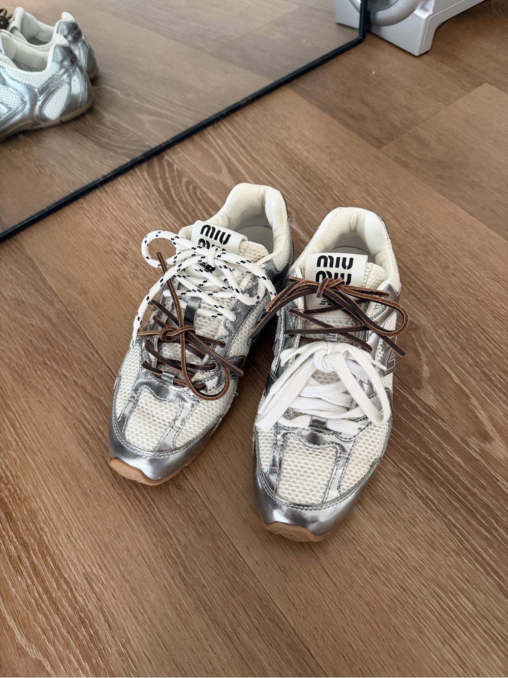 Miu Miu x New Balancs Silver and White Mesh Sneakers